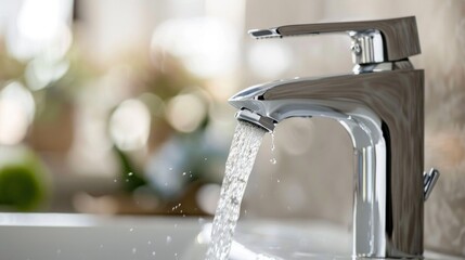 Close-up of running water from a chrome faucet, blurred background
Concept: clean water, modern faucet, hygiene, home water supply, sanitation