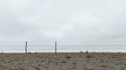  Close-up of a rusty barbed wire fence stretching across a dry desert landscape, emphasizing isolation and harsh environmental conditions.

