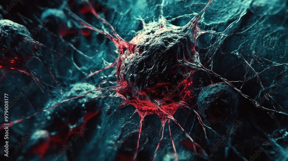 Poster An abstract representation of cells showcasing intricate structures and vibrant colors to illustrate biological processes.