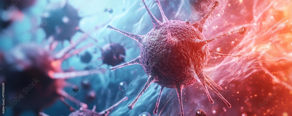 Poster close-up of a virus cell illuminated in vibrant colors, showcasing intricate structures and organic 