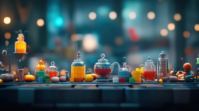 A magical potion brewing contest at a Halloween festival, with witches and wizards competing to create the most powerful elixir
