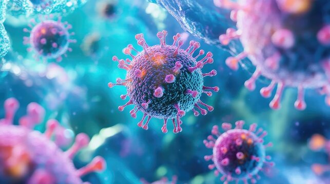 Colorful microscopic view of viruses, showcasing intricate details and vibrant hues in a scientific exploration of pathogens.