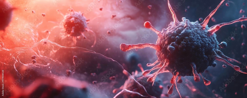Poster vibrant image of microscopic viruses, showcasing intricate details and colors, illustrating the comp