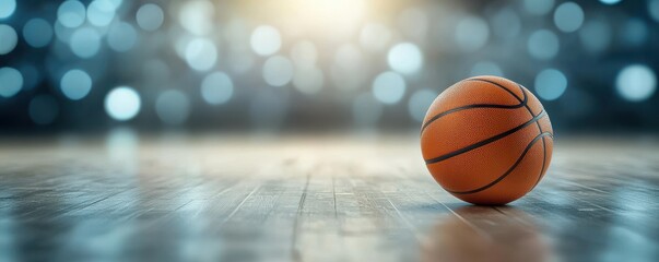 a basketball on a wooden floor, illuminated by soft, blurred lights in the background, perfect for sports themes.