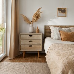  Rustic bedside cabinet near bed with beige pillows. Farmhouse interior design of modern bedroom