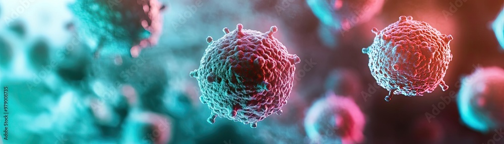 Poster colorful digital illustration of virus structures in a microscopic view, showcasing intricate detail