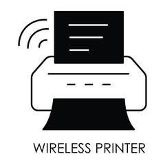 Vector icon for wireless printer. Shows a printer with wireless connectivity, designed for printing documents without direct cable connection.