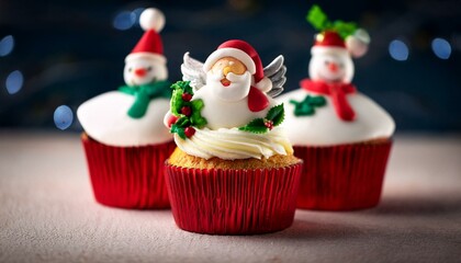Christmas cupcake muffin with icing frosting of santa claus christmas tree and snowman