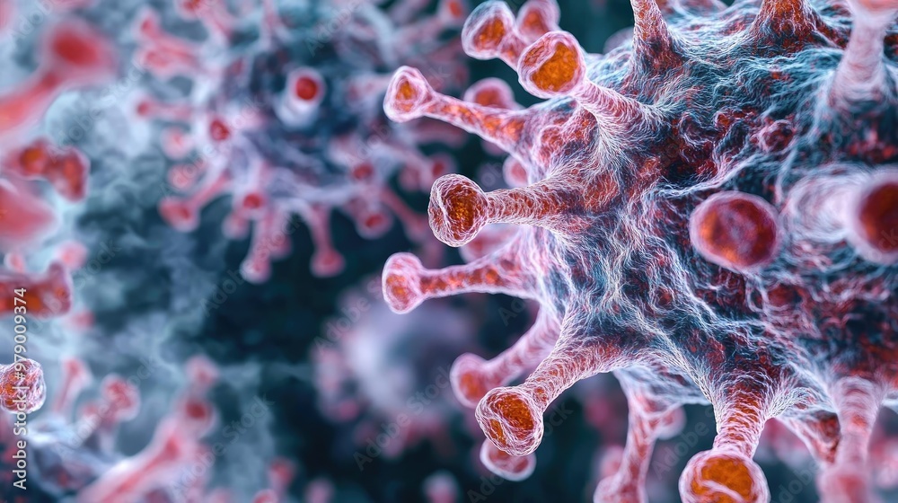 Poster detailed close-up of a virus structure, showcasing intricate designs and vibrant colors representing