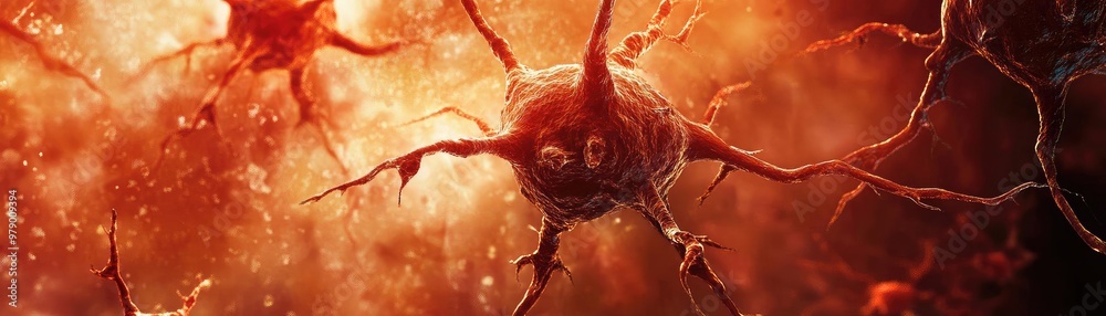 Poster Intricate view of neurons in vivid colors, showcasing the beauty of cellular structures in a dynamic environment.