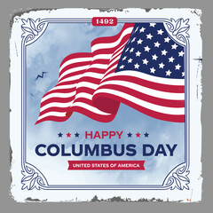 Happy Columbus Day USA Logo Set, banners, vintage old frame card with USA Flag. America flag colors, celebrate Christopher Columbus discover America Usa Ship Vector illustration.