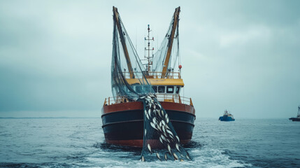 Obraz premium A fishing trawler pulls in a large net overflowing with fish in open waters, illustrating commercial fishing operations and maritime industry. 
