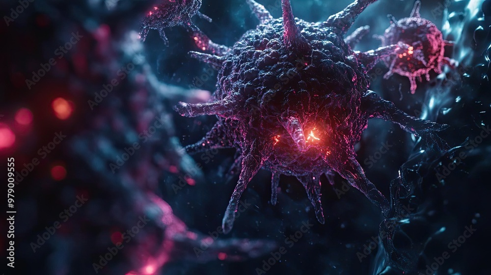 Poster A detailed macro view of a vibrant virus with glowing elements, showcasing its intricate structure in a dark, abstract background.