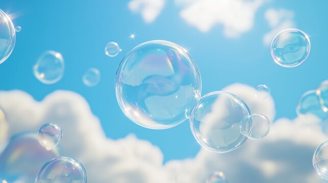 Close-up of soap bubbles floating over a fluffy, cloud-like surface against a bright blue sky with a few clouds. - Powered by Adobe