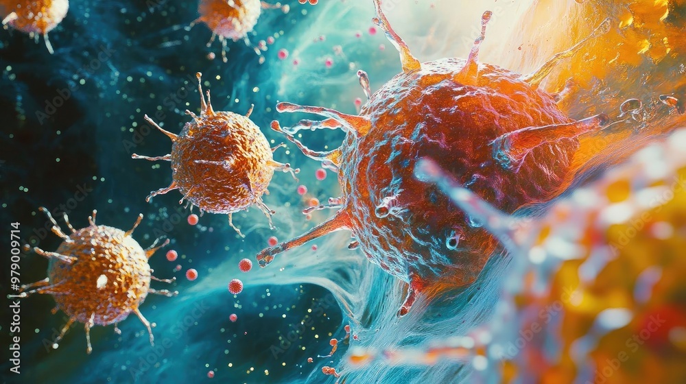 Aufkleber Vibrant microscopic view of viruses and cells in a colorful, abstract space, showcasing the complexity of cellular structures.
