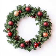 Round Christmas Wreath Decorated with Christmas Balls and Cones, Isolated on White Background