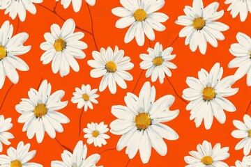 Bright orange background adorned with white daisies in various sizes creating a vibrant floral pattern