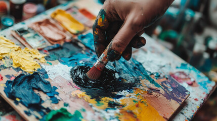  Close-up of an artist's hand blending colors on a paint palette with a brush, showcasing creativity, art, and the painting process.
