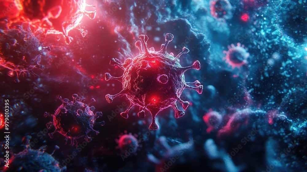 Poster close-up visualization of a virus in vibrant colors, showcasing intricate details of its structure a