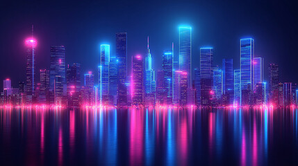 Fototapeta premium A vibrant neon city skyline at night, illuminated by colorful lights reflecting on the water, creating a futuristic atmosphere.