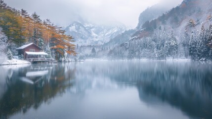 Naklejka premium Serene Winter Landscape with a Cabin by the Lake