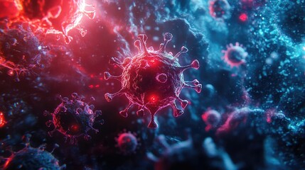 Close-up visualization of a virus in vibrant colors, showcasing intricate details of its structure and surrounding cells.