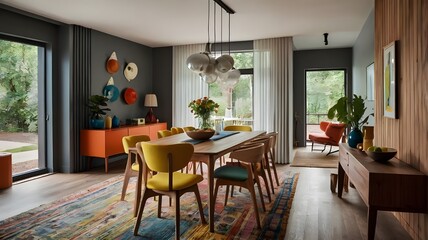 mid century scandinavian interior design of modern dining room 