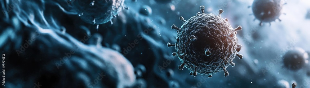 Poster close-up view of a virus in a microscopic environment, showcasing intricate details and textures in 