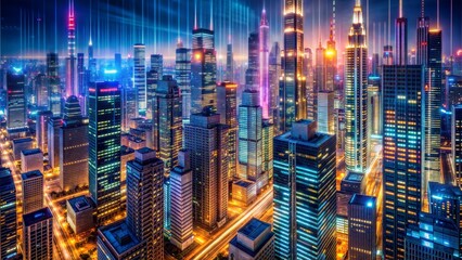 Fototapeta premium Vibrant city nightlife illuminated skyscrapers glow abstract patterns 
