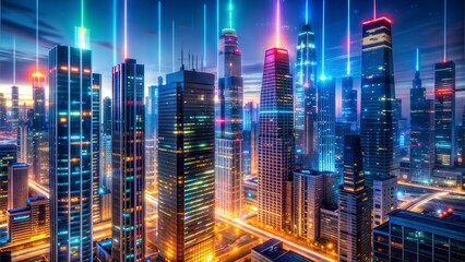 Obraz premium Vibrant city nightlife illuminated skyscrapers glow abstract patterns 