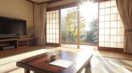 Japanese Style Living Room with Sliding Doors  Tatami Mat  and Sunlight