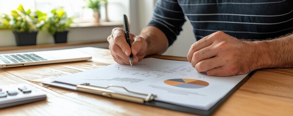 A professional man analyzing financial charts and data on a wooden desk, showcasing his analytical skills and focus.
