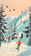 A vintage postcard shows with man skiing down snowy mountains