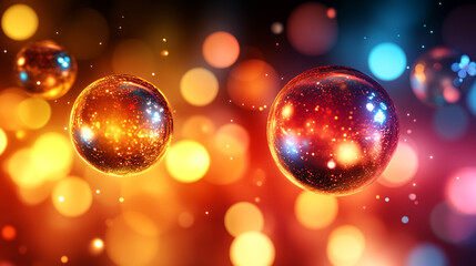Colorful orbs floating in a vibrant, abstract background filled with glowing lights and sparkles, creating a magical atmosphere.