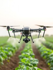 AIcontrolled drone spraying crops in a smart farm, precision farming, agricultural food tech