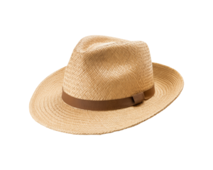 Straw hat with brown ribbon, woven texture, and wide brim. Perfect for summer fashion advertisements, beach accessory promotions, and outdoor lifestyle brands. Generative AI