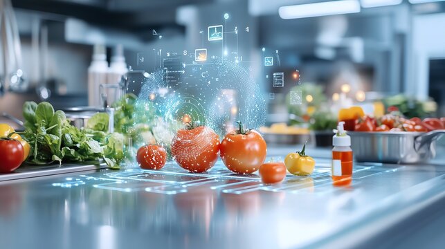 Closeup of digital sensors monitoring food safety in a commercial kitchen, food safety, techenhanced food hygiene