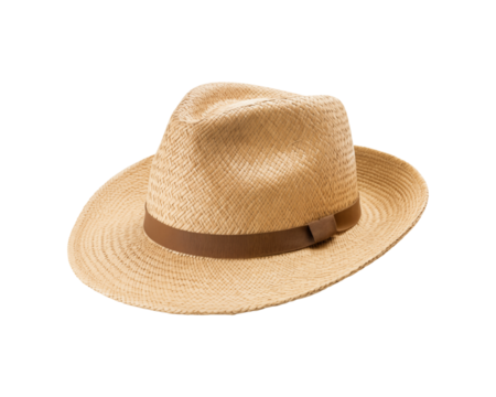 Straw hat with brown ribbon, woven texture, and wide brim. Perfect for summer fashion advertisements, beach accessory promotions, and outdoor lifestyle brands. Generative AI - Powered by Adobe