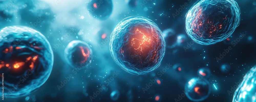 Poster close-up view of glowing cells in a dark environment, showcasing vibrant colors and intricate detail