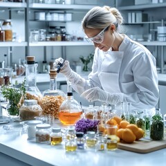 Lab technician analyzing food additives in a sterile environment, food safety, scientific food innovation