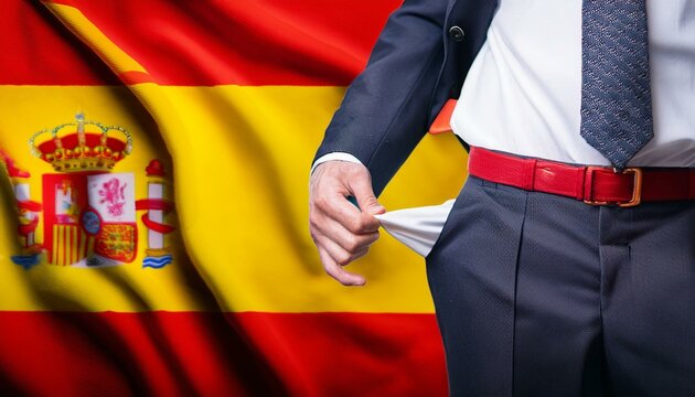 Close-up of a hand in a suit showing an empty pair of trousers in front of the spain flag. Topic Crisis and unemployment in spain