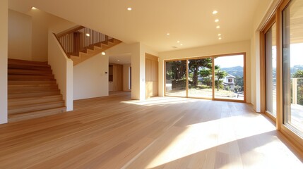 Fototapeta premium Modern House Interior Design with Wood Floors Stairs and Large Windows