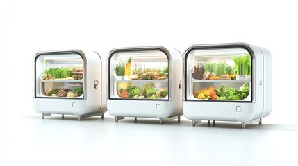 Futuristic food vending machine creating fresh meals on demand, food automation, hightech food solutions