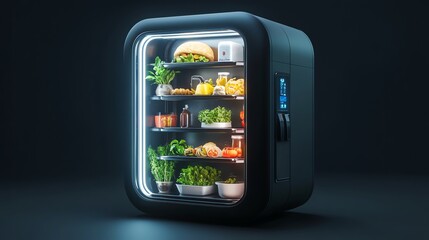 Futuristic food vending machine creating fresh meals on demand, food automation, hightech food solutions