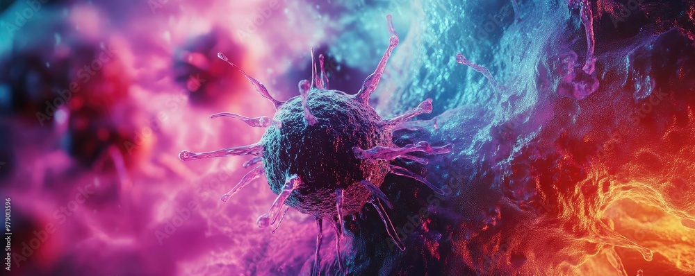 Poster A vibrant, close-up view of a colorful cell representation in a futuristic abstract style, showcasing intricate details and vivid colors.