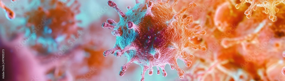Poster colorful illustration of virus structures, showcasing unique shapes and textures in a microscopic vi