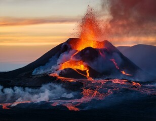 Erupting volcano with lava flows and smoke in a dramatic landscape at dawn