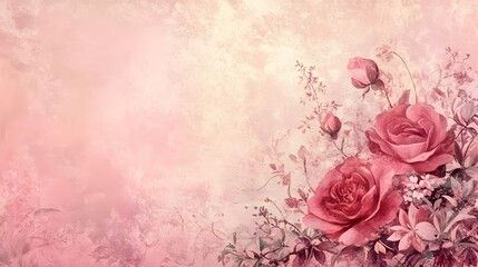 A soft pink floral background featuring beautiful roses and delicate foliage.