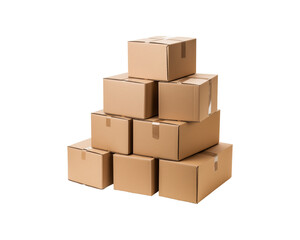 Fototapeta premium Stacks of brown cardboard boxes on a white background, ideal for ideas about storage or packaging. neutral, functional, secluded, and well organized. Generative AI