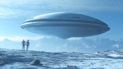 Obraz premium Futuristic aliens standing near a massive UFO alien spaceship